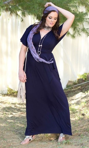 Kiyonna Dress 1X Navy Blue Indie Flair Style Maxi Kimono Sleeves Slimming Party - Picture 6 of 13