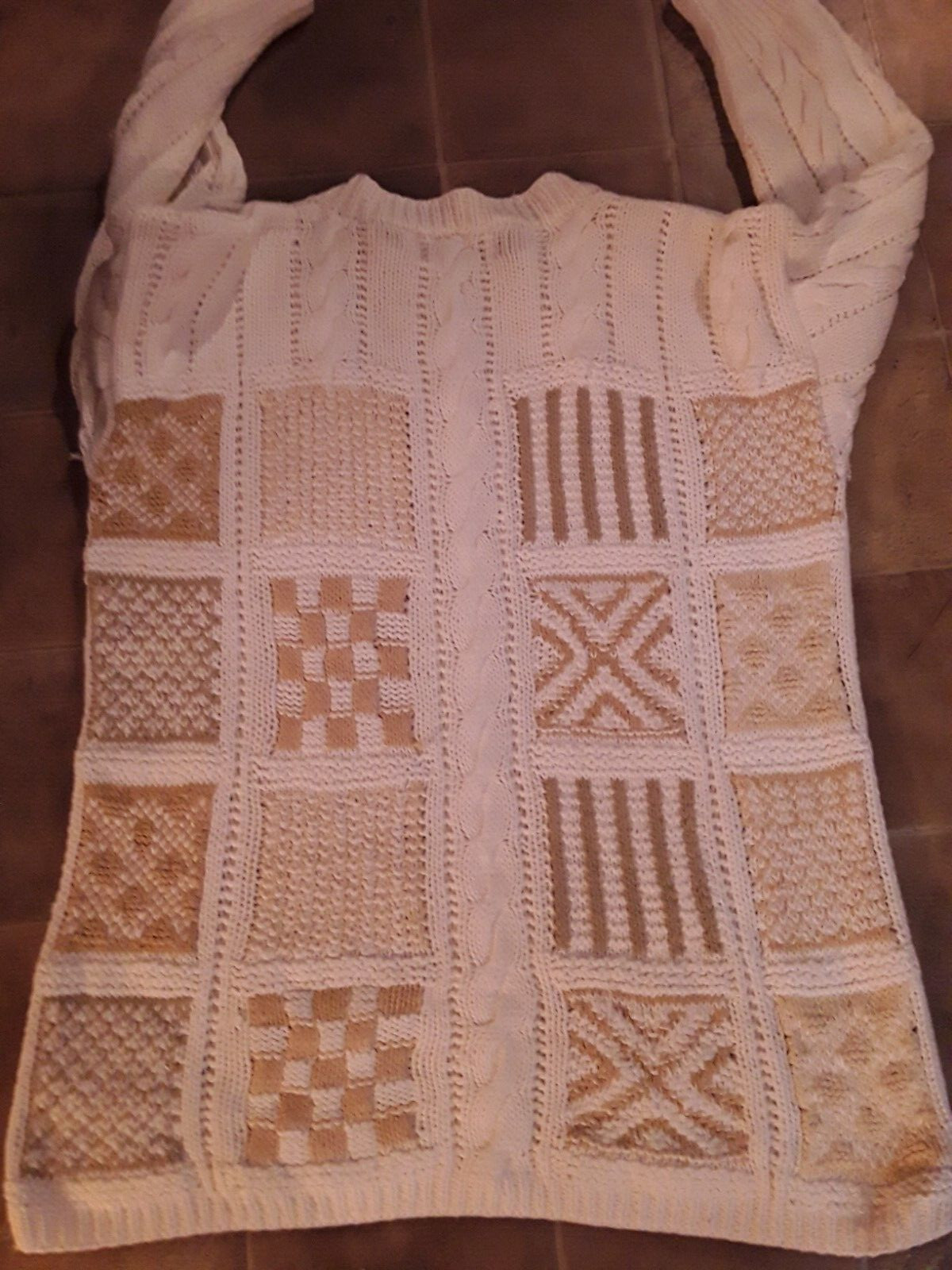 Daymys Quilt Patchwork Pullover Sweater Beige Ear… - image 5
