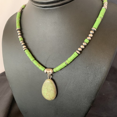 Womens Green Gaspeite & Turquoise Pendant Navajo Sterling Silver Necklace 12286 - Picture 3 of 12