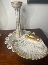 Vintage MCM Two Piece Royal Haeger 22K Gold Tweed Candle Holder and Shell Dish