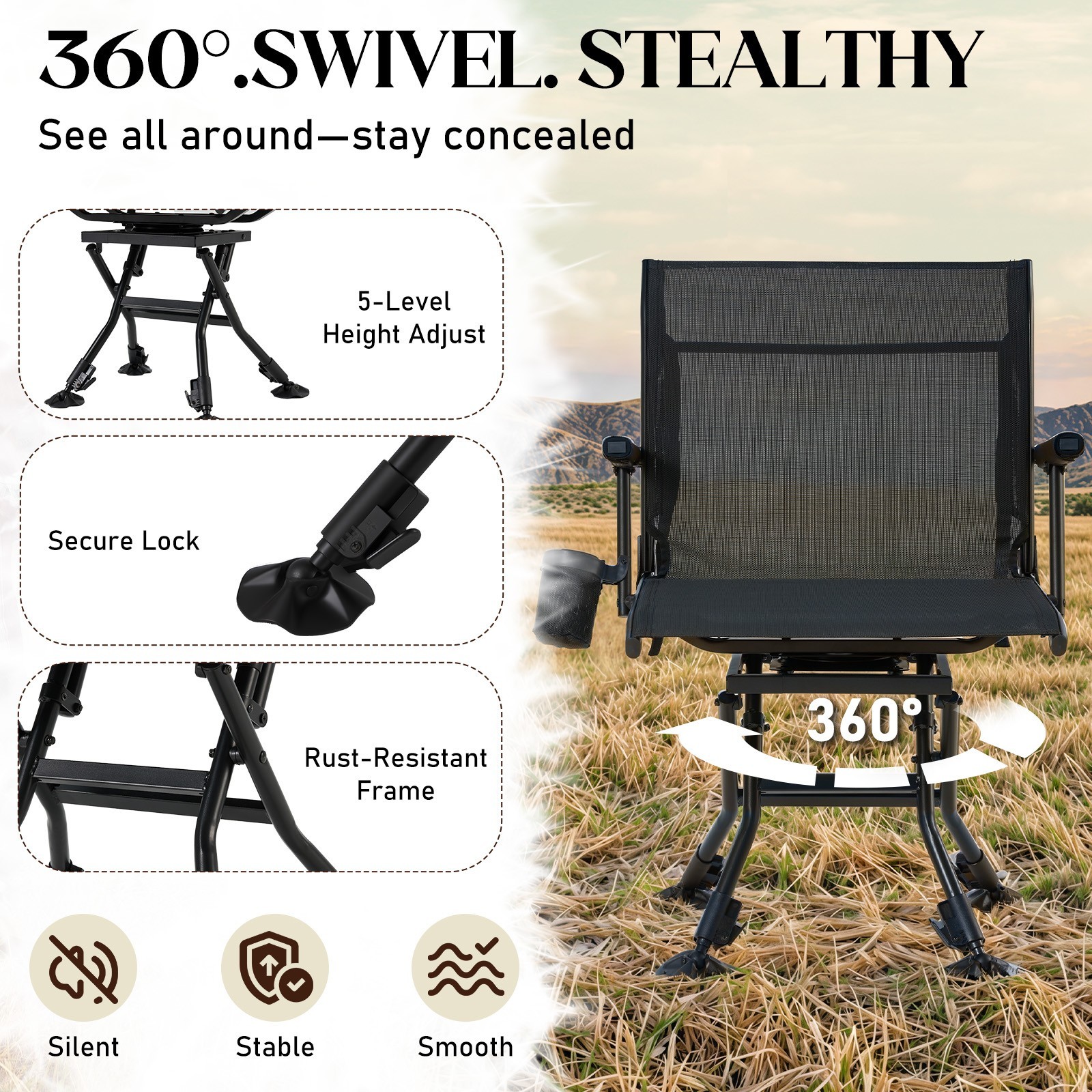Danrelax 360° Silent Swivel Hunting Chair, Adjustable Height, Mesh Back, Armrest