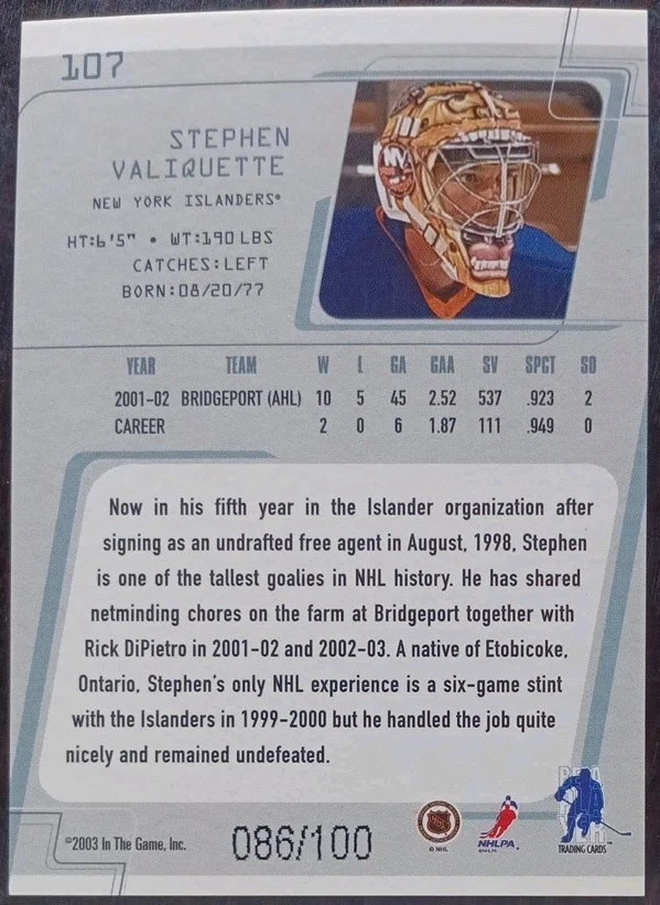 2002 - 2003 ITG Between The Pipes Stephen Valiquette Islanders /100 #107 Hockey - Image 2 of 2