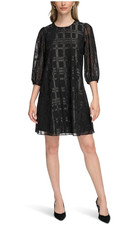 Calvin Klein Size 8 Black Metallic Silver Plaid Sheath Dress 3/4 Sleeve Holiday