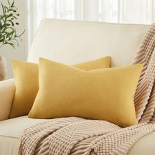 ZeeMart Rustic Cotton Linen Lumbar Throw Pillow Covers Set of 2, 12x20 Inch Y...