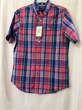 Chaps Mens Pink Red Multi Plaid Short Sleeve Stretch Easy Care Woven Shirt Small