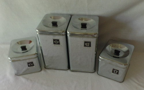 4 pcs Vintage chrome FLOUR COFFEE SUGAR TEA CANISTER SET 1950s USA stackable