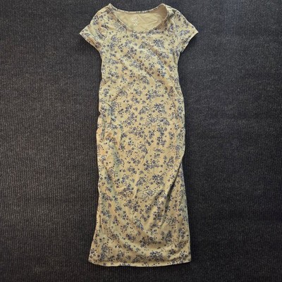 Sage Green Navy Floral Maternity Midi Dress Sz Small Cotton Blend Stretchy