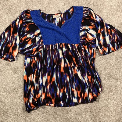 LifeStyle Ikat Abstract Tunic Womens 3X Plus Brushstroke Lace Embroidered Boho