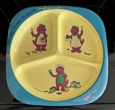 Vintage Barney Loves To Paint Divided Plate - Child Kids Melamine Selandia 1992