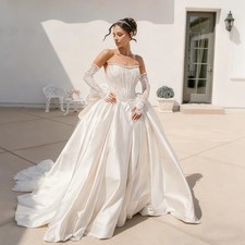 Boat Necklien Pearl Decoration Long Sleeves Satin Wedding Dress Lace-up Back