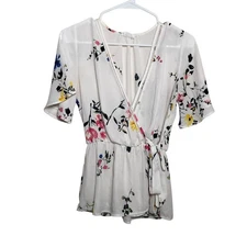 Sienna Sky Blouse Women's Small V-Neck Floral Short Sleeve Tie Career Top