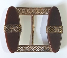 Vintage Art Deco "Root Beer" Bakelite Buckle in Gold-tone Filigree Frame