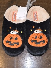 Women's Peanuts Snoopy Jack O Lantern Black Slippers Size 5 6 7 8 10 11 S M XL