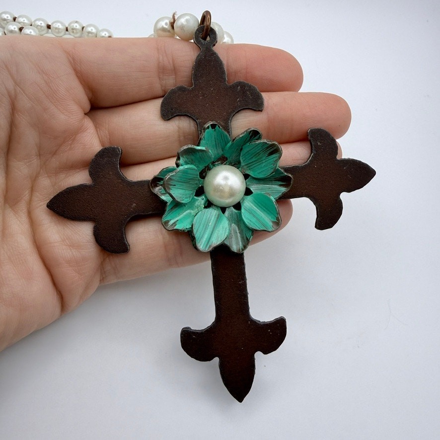 Artisan Copper Cross Pendant Statement Necklace B… - image 2