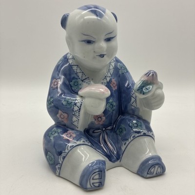 Vtg Chinese Boy Tongzi Holding Lotus Flower Blue/White Porcelain Asian Decor
