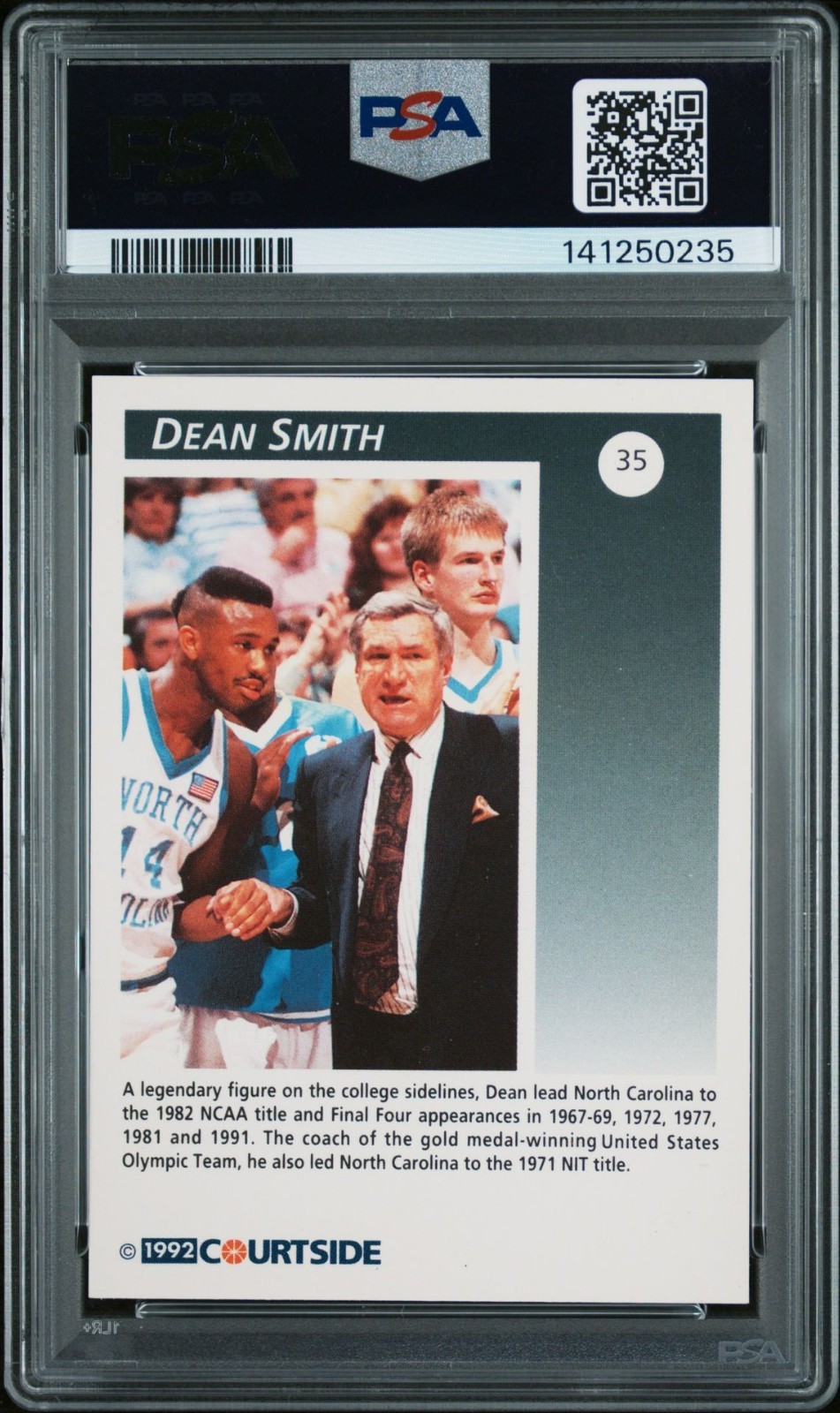 92 COURTSIDE #35 DEAN SMITH AUTOGRAPH PSA/DNA DUAL,  card MT 9, auto GEM MINT 10 view 2