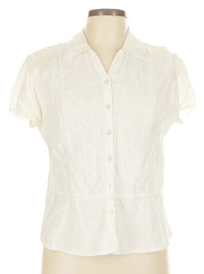 JM Collection Petite White Eyelet Cotton Button Down Blouse Top 12P Short Sleeve
