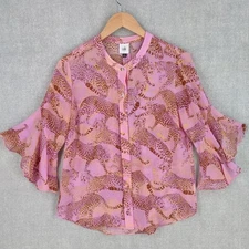 Cabi Top Small Pink Animal Cheetah Print Chiffon Button 3/4 Flutter Sleeve Sheer