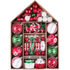 Christmas Tree Ornaments Set, 70ct Candy Cane Red Green White Shatterproof Ch...