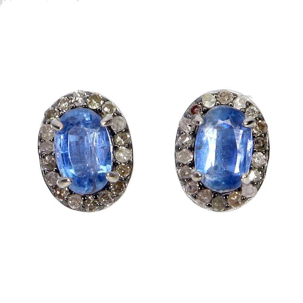 Boucles d'oreilles argent 925 avec cyanites bleus ovales et fins diamants champagnes naturels