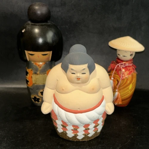 Set of 2 Japanese Wood Kokeshi Dolls and Ceramic Rattle