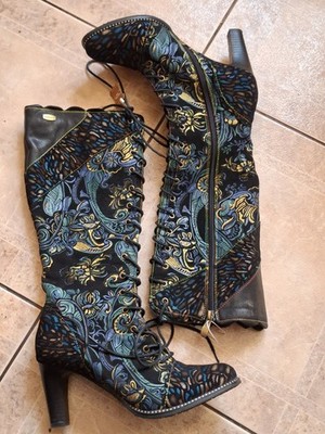 Laura Vita Knee High Go-Go Boots EU 40 Floral Brocade Lace Up & Zip Leather 