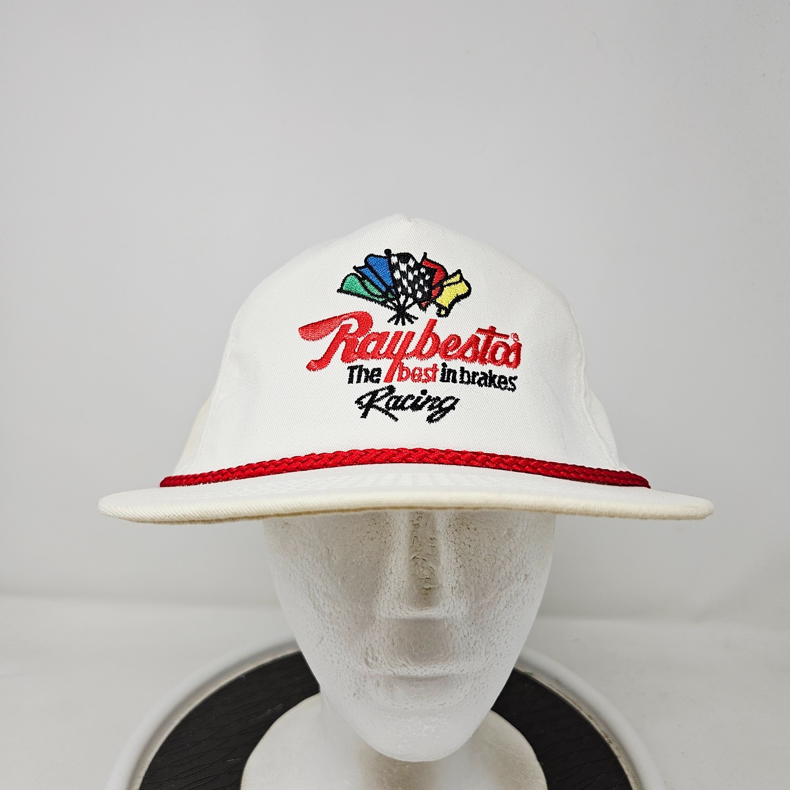 Vintage 90s Raybestos Racing Snapback Trucker Hat Cap White Red Rope Made in USA