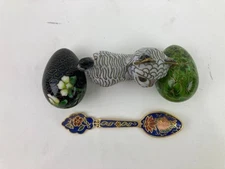 Lot of 4 Cloisonne Miniatures Enamel Cat Egg Unicorn Spoon Floral Green