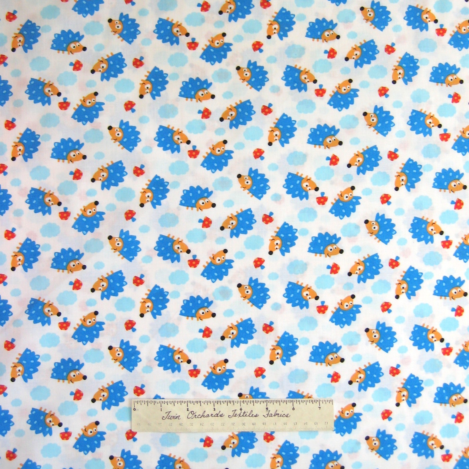 Nursery Baby Fabric - Blue Hedgehog Mushroom Toss White Timeless Treasure 1.25Yd