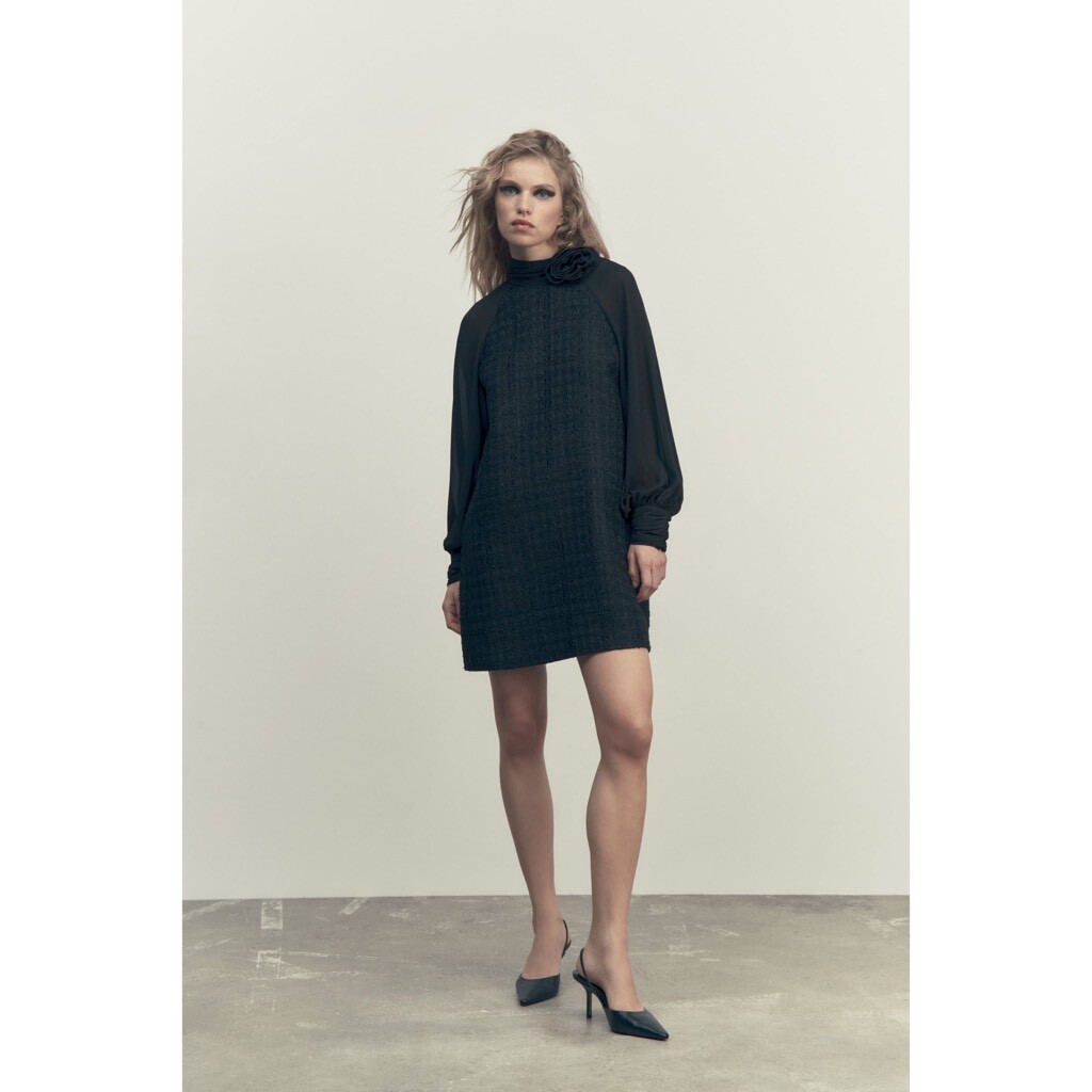 zara black flower dress Basic women's floral size L Zara textured flower dress black