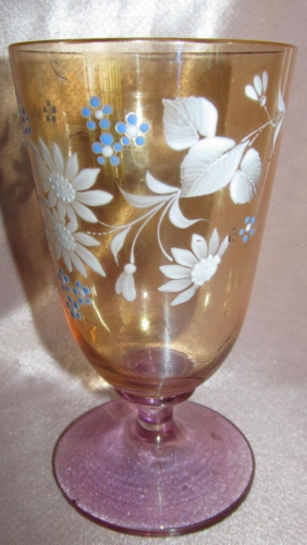Ancien verre ocre pied rose à décor floral blanc émaillé - Afbeelding 1 van 6