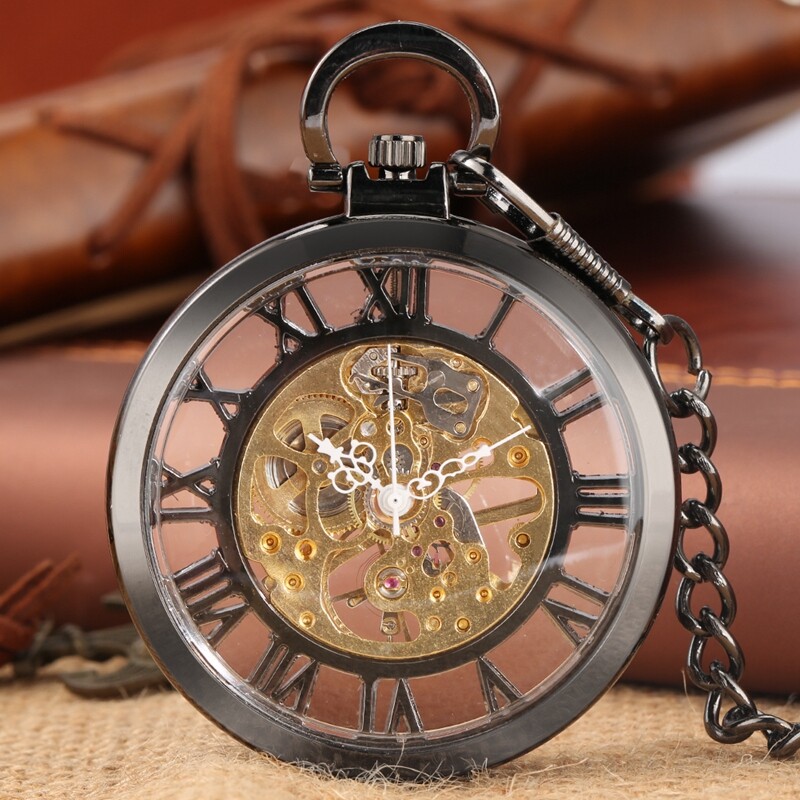 Luxury Roman Numbers Transparent Black Mechanical Hand-winding Pocket Watch Gift