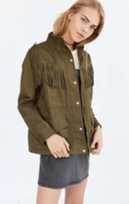 J.o.a. Brush Cotton Suede Fringed Lined Jacket Olive S New