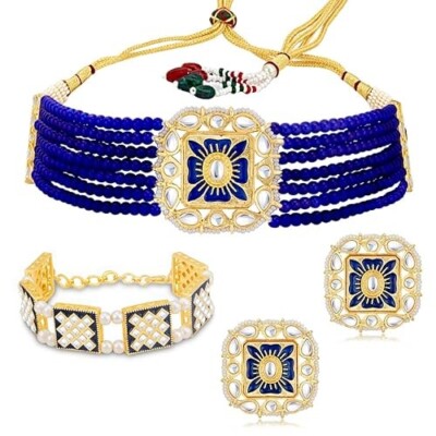 Graceful Gold Plated Kundan Meenakari Choker Necklace Combo Set Worn By Karisma