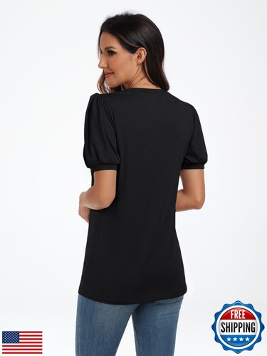 AUTOMET Womens Summer Tops Short Sleeve Shirts Business Casual Outfits Puff D - Picture 3 of 5