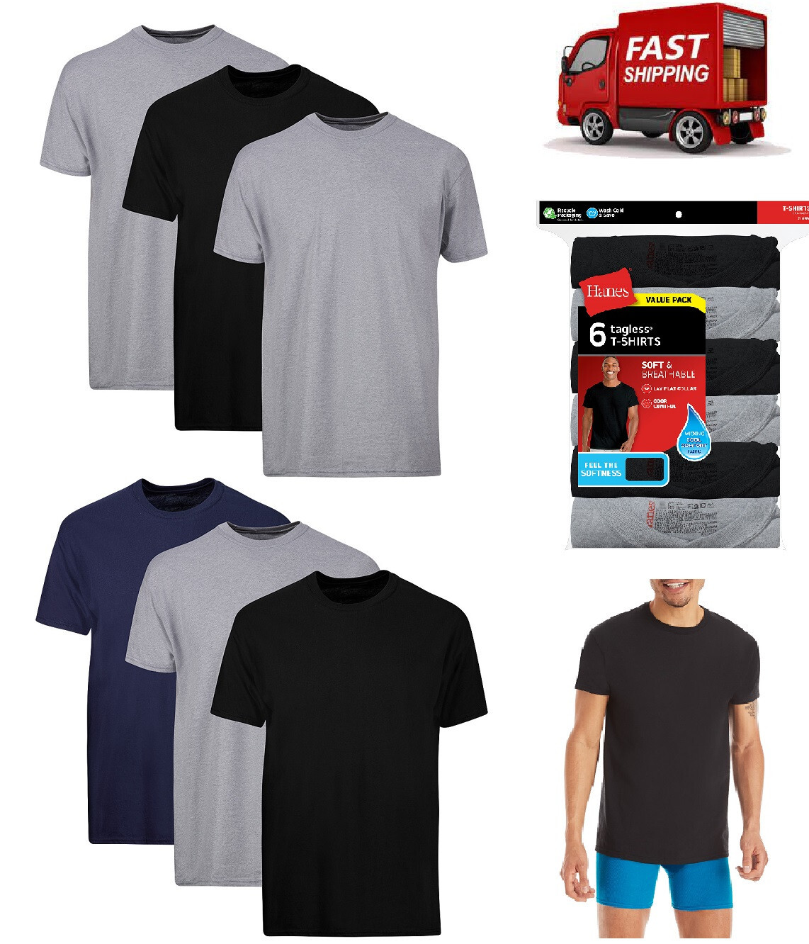 6 Pack Hanes Men's Value Pack Assorted Pocket TShirt Undershirts Size