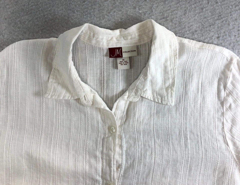 JM Collection Womens Linen Blouse Sz 14 White Strip Texture Button Long Sleeve - Image 2 of 4