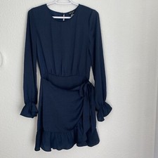 Olive Scent NWT Navy Blue Long Sleeve Faux Wrap Mini Dress Size S Open Back