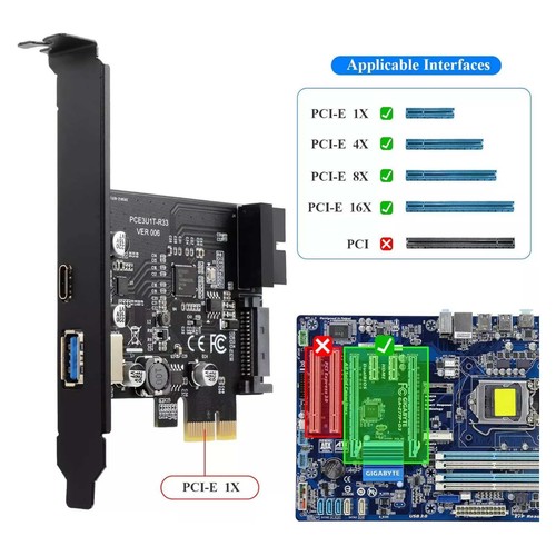 PCI-E to USB3.2 Gen1 5Gbps 19PIN Expansion Card Adapter 2 Ports Type C & Type A - Afbeelding 7 van 10