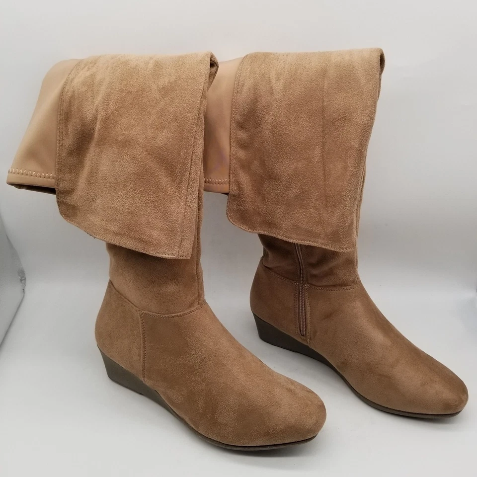 CL By Chinese 洗衣女式棕色圆头楔形跟及膝靴 8 M 码 — 第 2/4 张图片