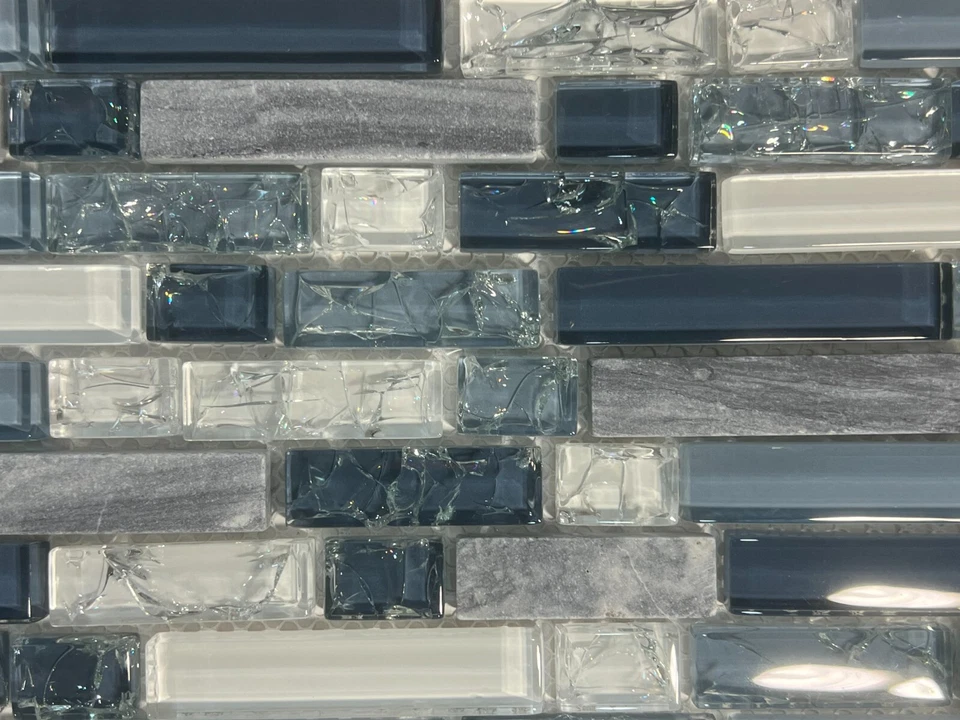 Azulejo de mosaico rectangular de vidrio/mármol verde/blanco/gris NY05 cocina baño Foto 2 de 4