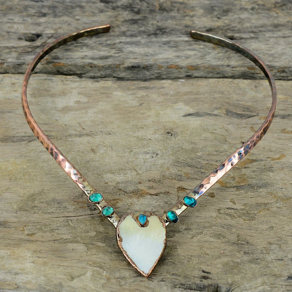 Natural Mother Of Pearl Indicolite Choker Electroformed Necklace Jewelry Copper - Image 2 of 4