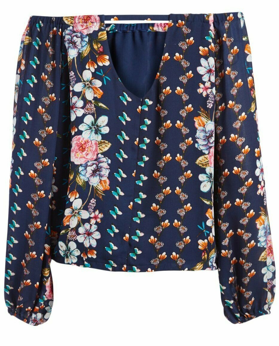 $278 NWT PARKER SzXS OFF SHOULDER LONG SLEEVE TOP FLORAL NAVY