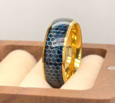 Gold Tungsten Thanksgiving Gif Band For Him Blue Ion Plated Honeycomb Inlay Ring