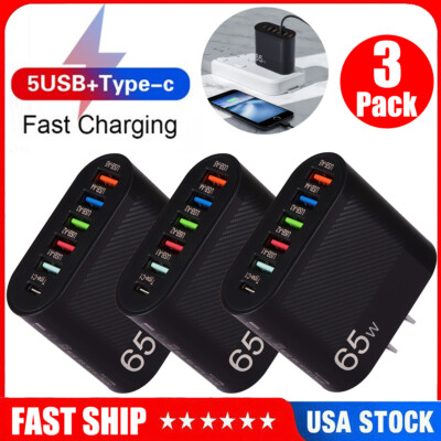 3PCS 65W USB Wall Charger Block PD QC 3.0 Fast Charging Adapter 5 USB A + Type C