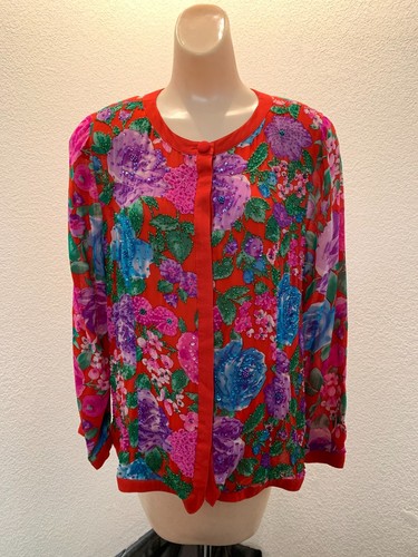 Vintage Diane Freis red silk beaded 2 piece skirt suit new with tags one size P - Picture 10 of 15