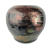 Rift Zone Hawaii Raku Studio Art Pottery Vase Volcanic Metallic Oil Slick 6.5"