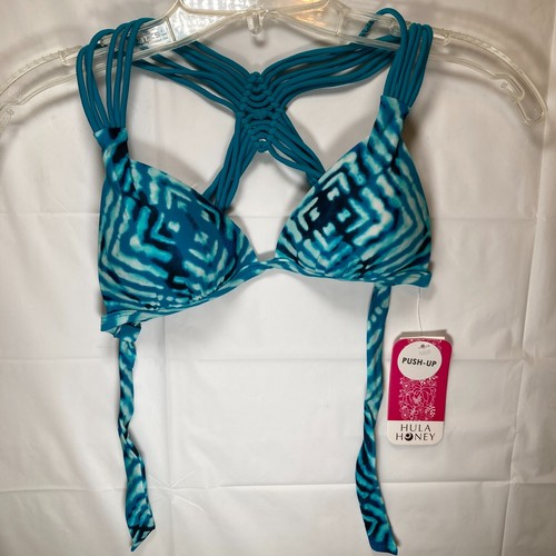 Hula Honey Junior Medium Blue Printed Strappy Push-Up Bikini Swimsuit TOP Medium - Picture 8 of 16