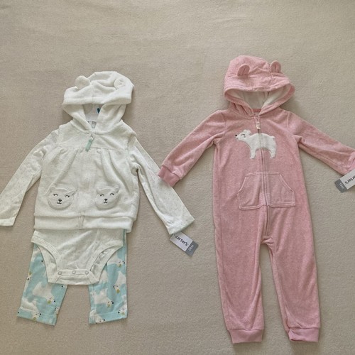 Carter's Baby Girls 4 Pc Polar Bear Hooded Vest Set Jumpsuit Fleece 18-24 Months - 第 1/6 張圖片