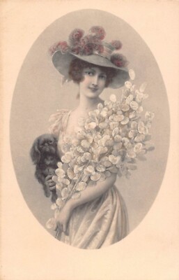 Art Nouveau Lady, Cavalier King Charles Spaniel & Silver Dollar Flowers-M Vienne